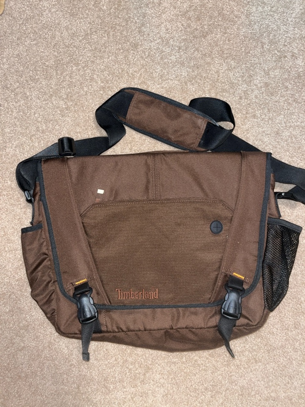 Timberland Dark Brown Canvas Messenger laptop padded Bag with Black Strap